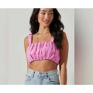ASTR The Label DIAJA Square Neck Crop Top Pink Pleated  Sz LARGE